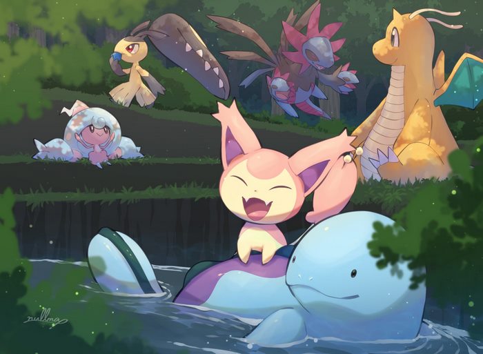 Happy Quagsire and Skitty with forest Pokémon friends