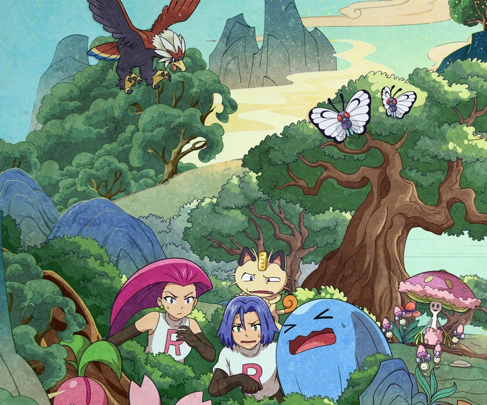 Distressed Team Rocket and Wobbuffet in the forest