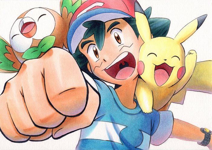 Happy Ash Ketchum, Pikachu, and Rowlet