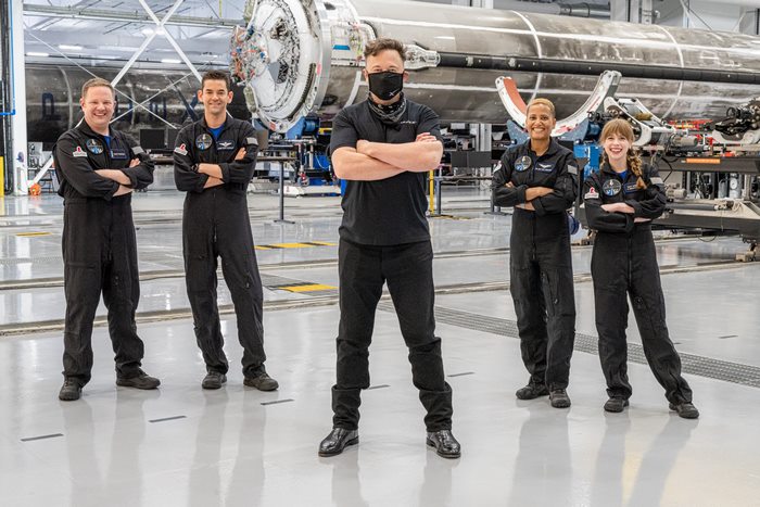 Elon Musk and Inspiration4 Crew with SpaceX Rocket