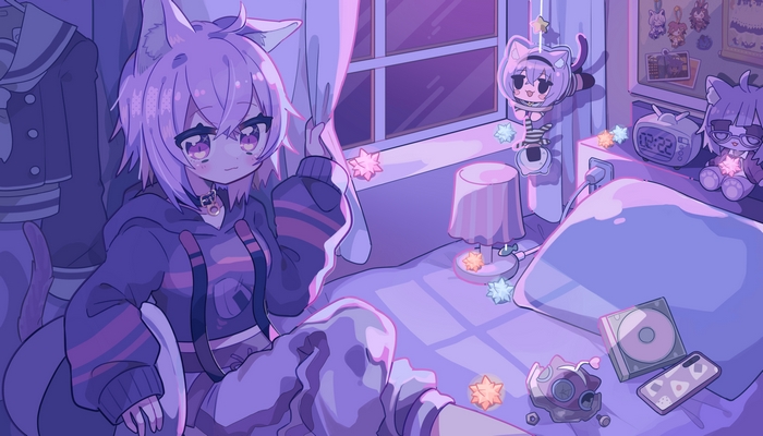 Nekomata Okayu in a relaxed lavender bedroom