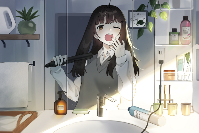 Yawning girl in mirror holding hair straightener