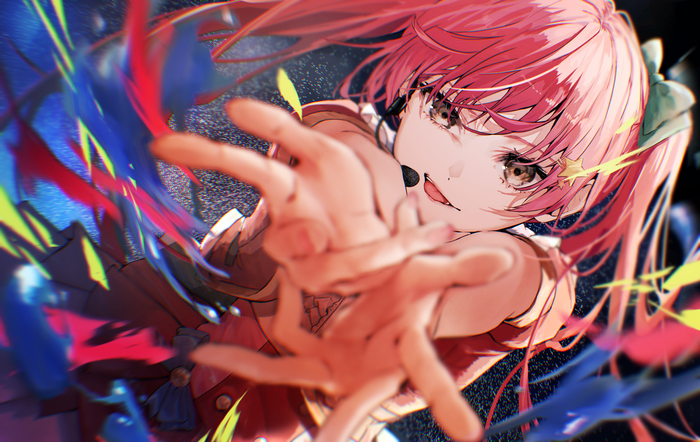 Pink-haired girl reaching out with vibrant colorful streaks