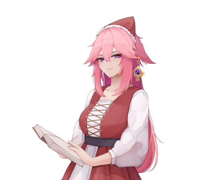 Yae Miko Guuji in a red dress holding a book