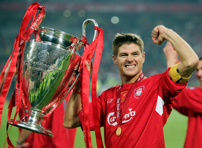 Steven Gerrard lifts UEFA Champions League trophy for Liverpool