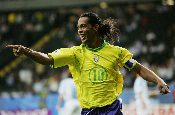 Ronaldinho smiling and pointing for Brazil National Football Team