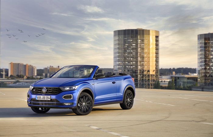 Blue Volkswagen T-Roc Cabriolet R-Line in city