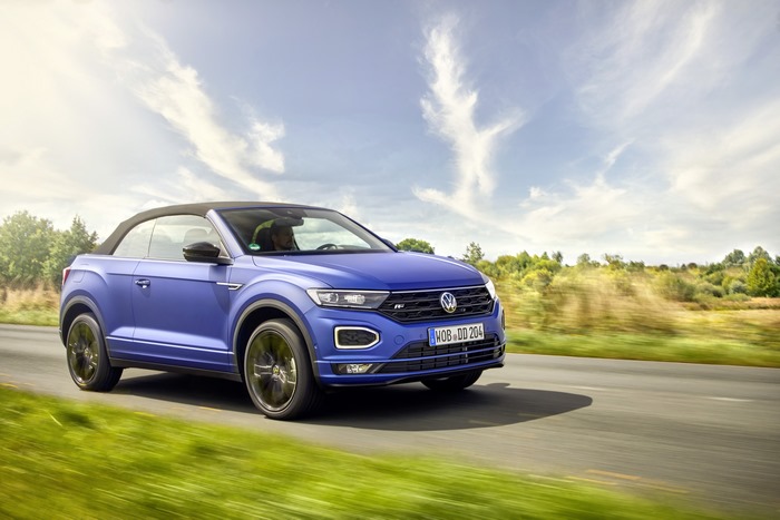 Blue Volkswagen T-Roc Cabriolet R-Line driving
