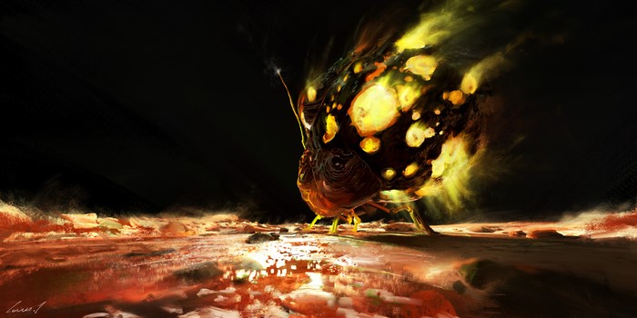 Glowing Egg Carrier on a molten world