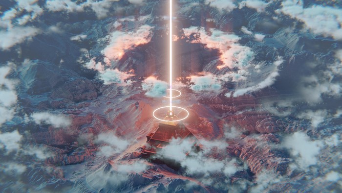 World Beacon: Light Beam over Mountainous Landscape