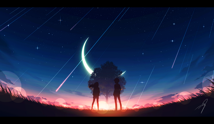 Couple under Starry Sky with Crescent Moon
