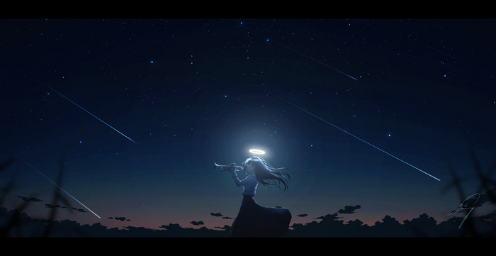 Angel girl playing trumpet under a starry night with shooting stars