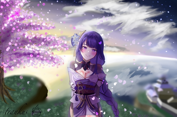 Baal Raiden Shogun smiling with falling cherry blossoms