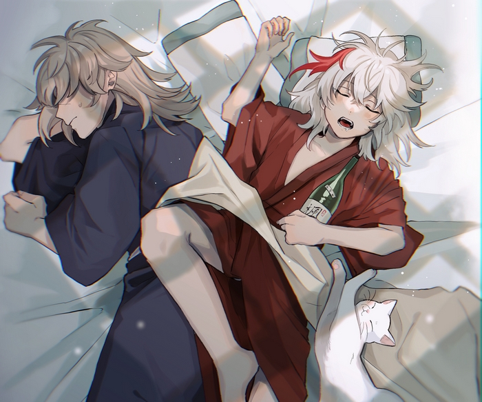 Kaedehara Kazuha sleeping with cat and sake