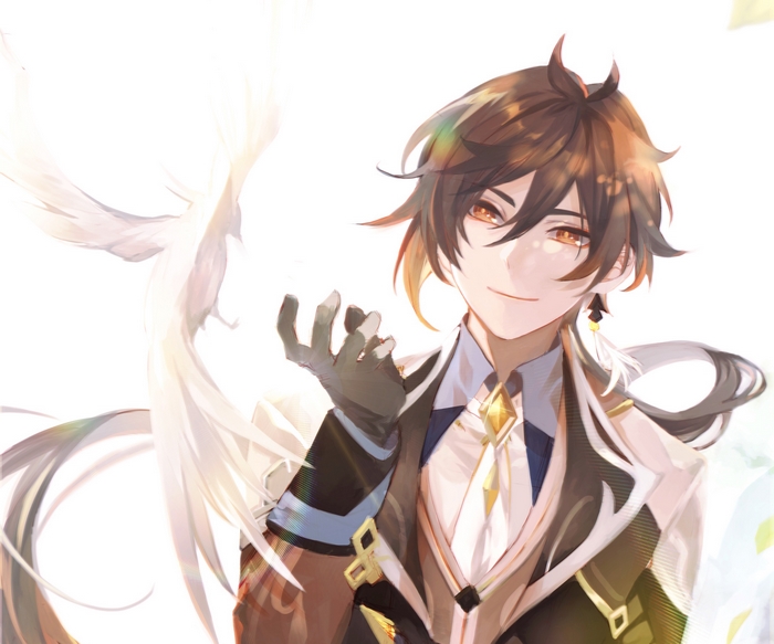 Smiling Zhongli (Genshin Impact) with ethereal bird