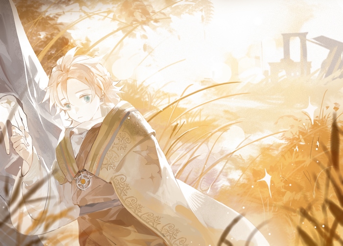 Albedo in a relaxing golden field, Genshin Impact