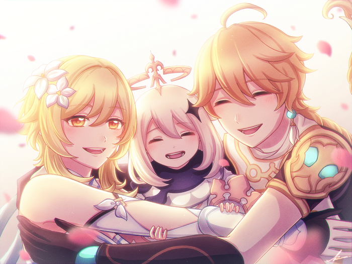 Genshin Impact Aether, Lumine, Paimon warm embrace