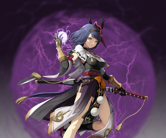 Kujou Sara wielding lightning orb