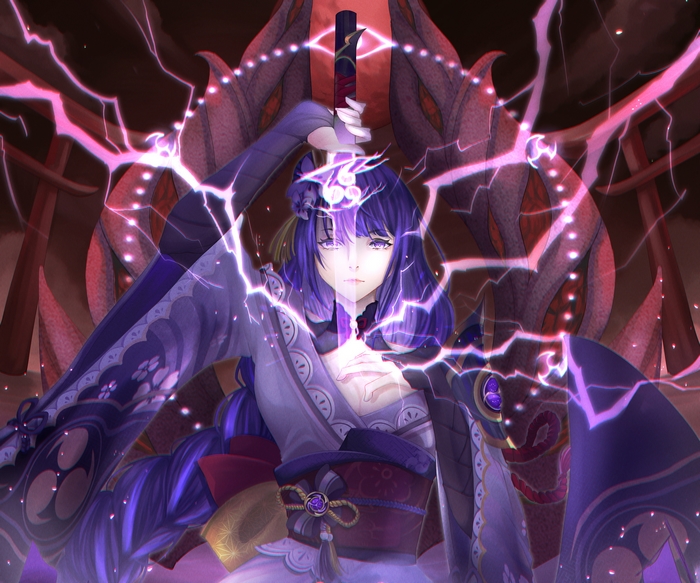 Raiden Shogun unleashing purple lightning sword