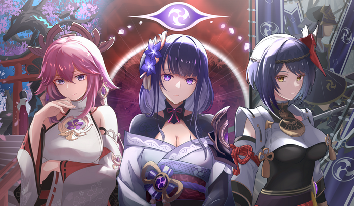 Kujou Sara, Baal Raiden Shogun and Yae Miko from Genshin Impact