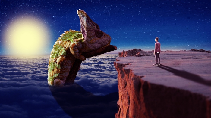 Giant Chameleon and Man on Cliff Edge