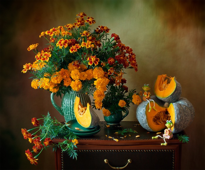 Marigolds and Pumpkins with Whimsical Frogs Still Life