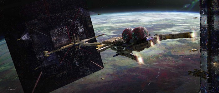 Futuristic space station and ships in Earth orbit