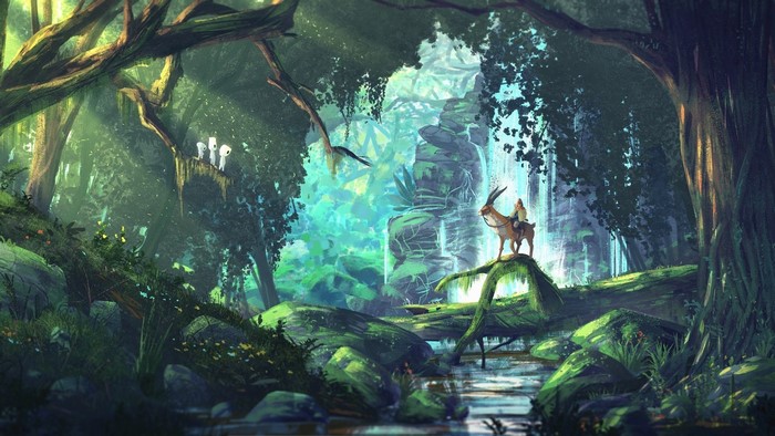 Ashitaka and Kodama in a harmonious forest