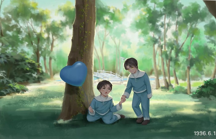 Young Wei Wuxian and Lan Wangji with a heart balloon