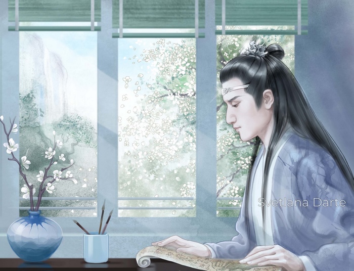 Lan Xichen reading a scroll by a window with blossoms