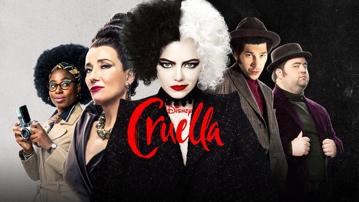 Cruella movie poster featuring Emma Stone and cast
