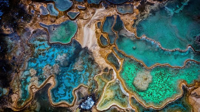 Aerial View of Huanglong's Colorful Travertine Pools