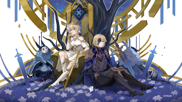 Genshin Impact Lumine and Dainsleif sitting in a flower field