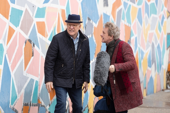 Steve Martin and Martin Short podcasting for Only Murders