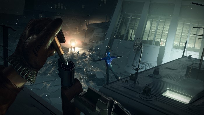 Deathloop: First-person reload, blue figure in snow