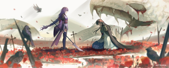 Baal Raiden Shogun and kneeling warrior on a bloody battlefield