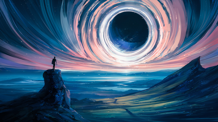 Into The Portal: Lone figure beholds a swirling cosmic vortex