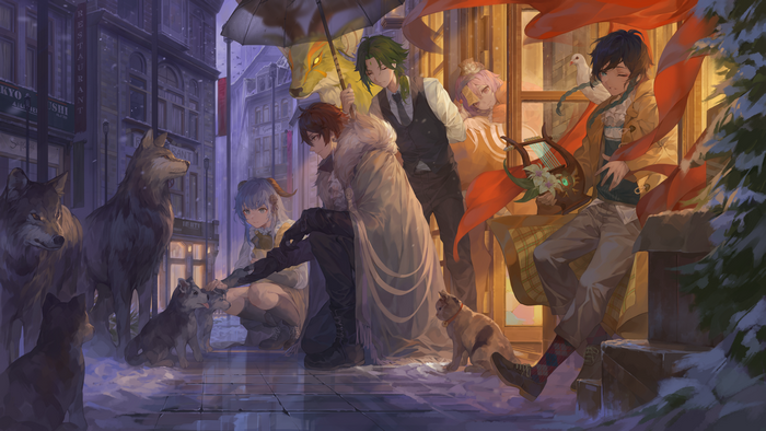Genshin Impact Characters' Snowy Winter Street Gathering