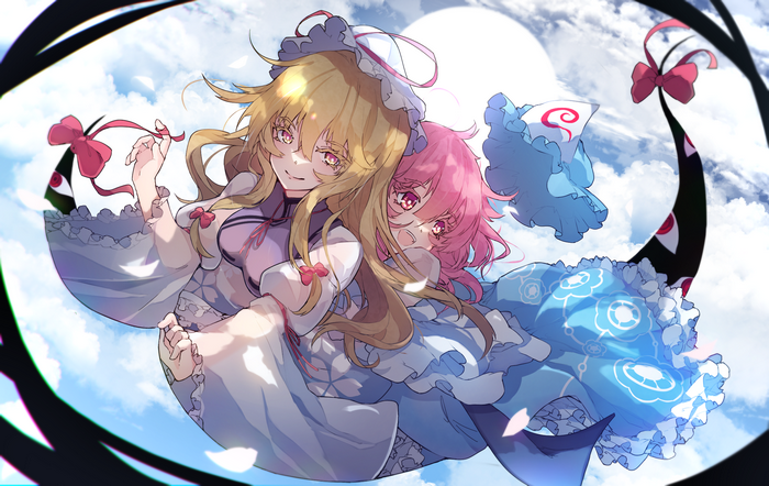 Yukari and Yuyuko embracing in the sky
