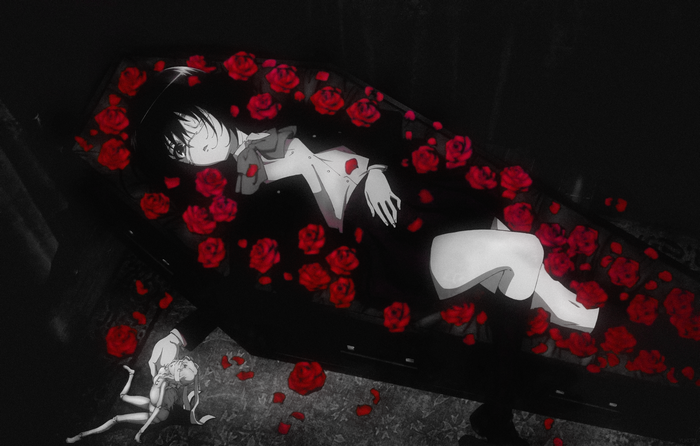 Mei Misaki in coffin with red roses and doll