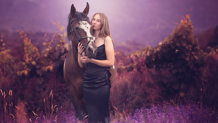 Model in Black Dress Embracing Horse
