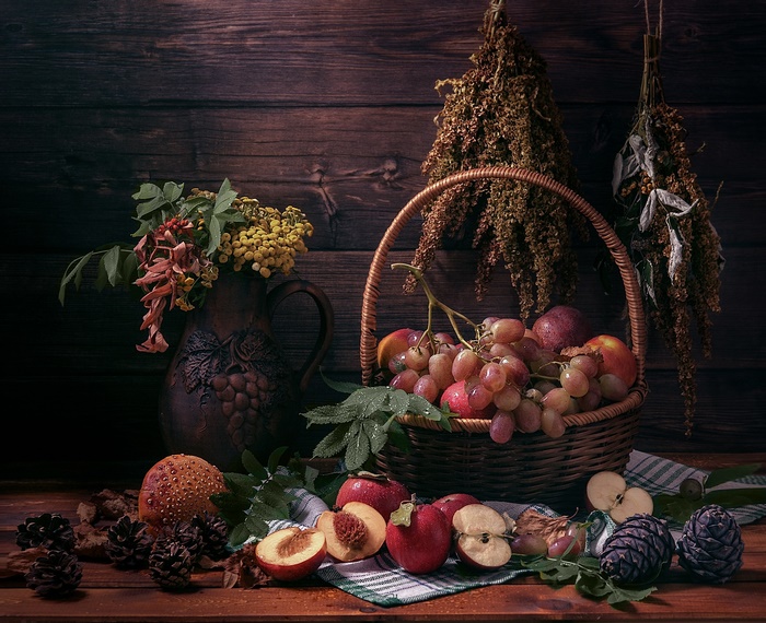 Rustic Still Life with Fruit Basket and Autumn Harvest