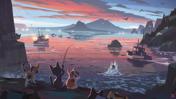 Fantasy Cats Fishing at a Scenic Sunset Bay