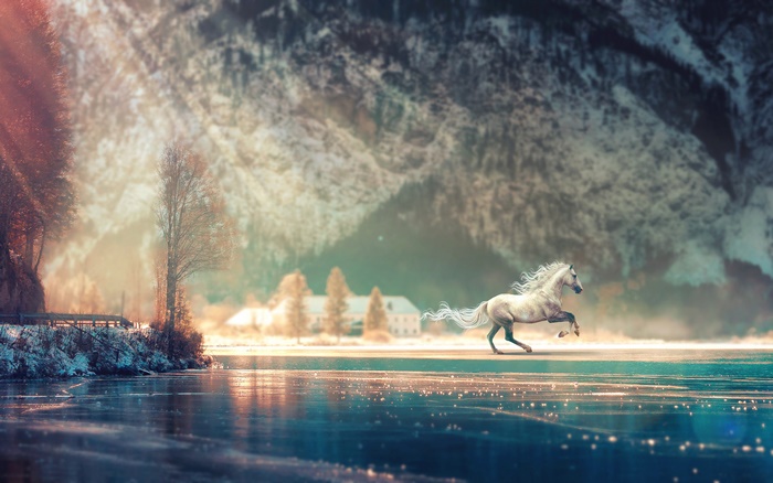 Majestic White Horse on a Frozen Lake