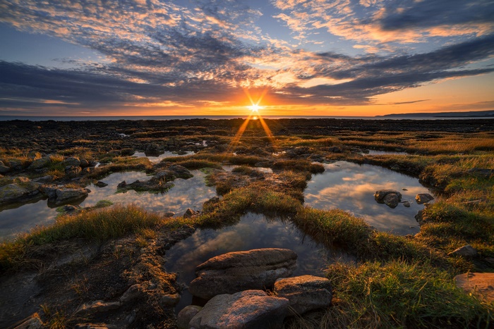 Golden Sunrise on Horizon with Tidal Pool Reflections