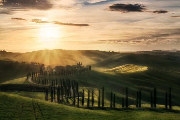 Tuscany Landscape with Sunbeams and Cypress Trees