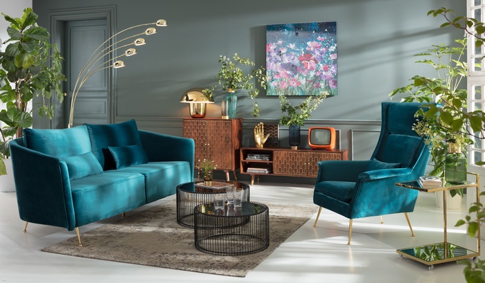 Modern Living Room with Teal Sofa and Retro Accents
