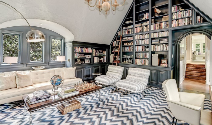 Elegant Library Living Room with Built-in Bookshelves