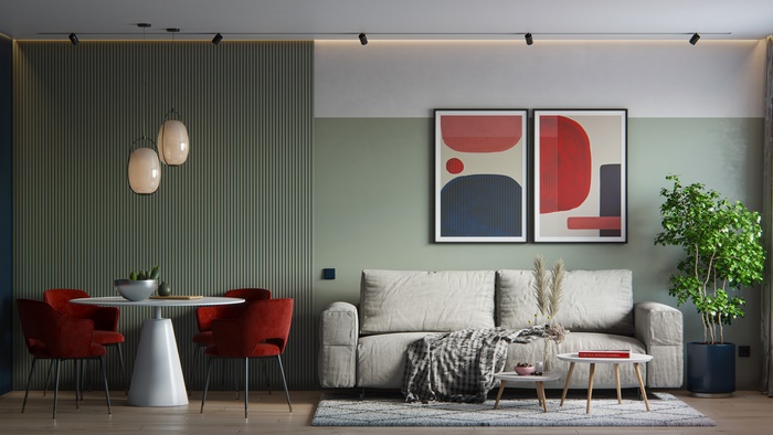 Modern 4K Living Room with Dining Area and Green Walls