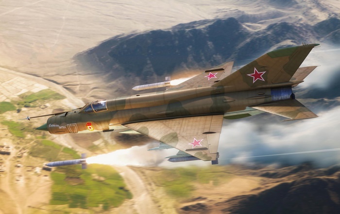 Mikoyan-Gurevich MiG-21 Jet Fighter Firing Missiles Over Desert